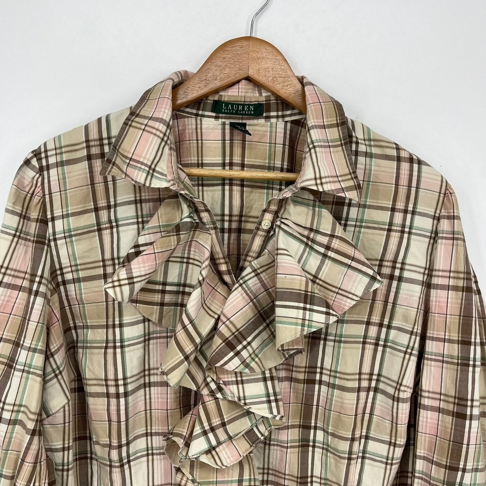 Lauren Ralph Lauren Womens 2X Plaid Ruffle Front Button Down Cotton Blouse Pink - Picture 7 of 11